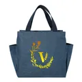 Portable insulated denim blue lunch bag featuring a large capacity and gold letter V - Gold Gradient Letter V / 25*14*24CM / Navy Blue