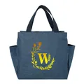 Blue portable insulated lunch bag featuring golden letter W and floral design motifs. - Gold Gradient Letter W / 25*14*24CM / Navy Blue