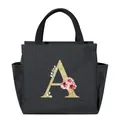Portable black insulated lunch bag with gold glitter floral letter A design for students - Floral Letter A / 25*14*24CM / Black