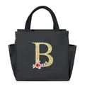 Black insulated lunch tote bag with golden glitter letter B and rose floral design - Floral Letter B / 25*14*24CM / Black