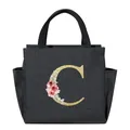 Portable insulated black lunch bag featuring a glittery golden floral letter C design - Floral Letter C / 25*14*24CM / Black