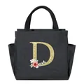 Portable insulated black lunch bag with golden glitter letter D and floral design - Floral Letter D / 25*14*24CM / Black