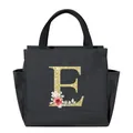 Portable black insulated lunch bag featuring a glittery floral letter E design - Floral Letter E / 25*14*24CM / Black