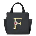 Portable black insulated lunch bag with stylish floral golden glitter letter F print. - Floral Letter F / 25*14*24CM / Black