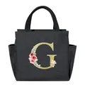 Black denim insulated lunch bag featuring a floral golden glitter letter G design - Letter G / 25*14*24CM / Black
