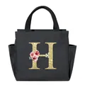 Insulated black lunch bag featuring a gold glitter floral letter H design for daily use - Letter H / 25*14*24CM / Black