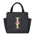 Black portable insulated lunch bag featuring a golden glitter floral letter I design - Letter I / 25*14*24CM / Black
