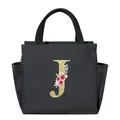 Portable black insulated lunch tote bag featuring a gold glitter floral initial J design - Letter J / 25*14*24CM / Black