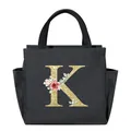 Portable black insulated lunch bag featuring a floral glitter golden letter K pattern - Letter K / 25*14*24CM / Black