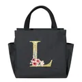 Black insulated lunch bag with a floral gold glitter letter L design and handles - Letter L / 25*14*24CM / Black