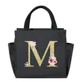 Large capacity black insulated lunch bag with a stylish golden floral letter M - Letter M / 25*14*24CM / Black