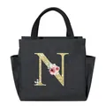 Black insulated portable lunch bag featuring a floral gold glitter letter N design - Letter N / 25*14*24CM / Black