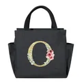 Black insulated lunch tote bag featuring a floral golden glitter letter O design - Letter O / 25*14*24CM / Black