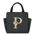 Portable black insulated lunch bag with large capacity and golden glitter floral letter P - Letter P / 25*14*24CM / Black
