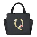 Large black insulated portable lunch bag with golden glitter floral letter Q design - Gold Sequin Letter Q / 25*14*24CM / Black