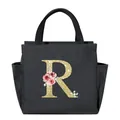 Stylish black insulated lunch tote bag featuring a floral golden glitter initial letter R - Gold Sequin Letter R / 25*14*24CM / Black