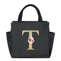 Black insulated lunch bag with gold glitter letter T and floral design - Gold Sequin Letter T / 25*14*24CM / Black