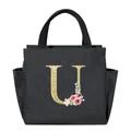 Insulated lunch bag in black featuring a floral golden glitter letter U print design - Gold Sequin Letter U / 25*14*24CM / Black