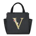 Insulated black tote lunch bag featuring a floral glittery golden letter V motif - Gold Sequin Letter V / 25*14*24CM / Black