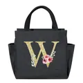 Portable black insulated lunch tote bag featuring a floral glitter letter W design - Gold Sequin Letter W / 25*14*24CM / Black