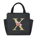 Portable insulated lunch bag with floral letter X design, black canvas tote bag - Gold Sequin Letter X / 25*14*24CM / Black