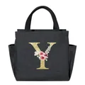 Portable black canvas lunch tote bag with golden glitter floral initial Y design for students - Gold Sequin Letter Y / 25*14*24CM / Black