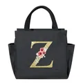 Black large capacity portable insulated lunch bag with gold glitter floral letter Z print - Gold Sequin Letter Z / 25*14*24CM / Black