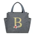 Large grey insulated lunch bag featuring elegant floral golden glitter letter B - Letter B / 25*14*24CM / Gray