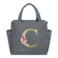 Portable grey insulated lunch bag featuring a stylish golden glitter floral letter C - Letter C / 25*14*24CM / Gray
