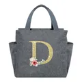 Portable grey insulated lunch bag featuring golden glitter floral letter D print - Letter D / 25*14*24CM / Gray