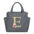 Portable insulated gray fabric lunch bag with large golden glitter floral letter E - Letter E / 25*14*24CM / Gray