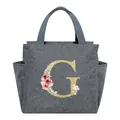 Large grey floral lunch bag featuring a golden glitter letter G and grey striped handles - Letter G / 25*14*24CM / Gray