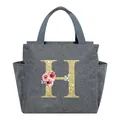 Gray insulated lunch bag featuring gold glitter letter H and floral pattern - Letter H / 25*14*24CM / Gray