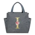 Portable grey insulated lunch bag featuring a floral gold glitter letter I monogram - Letter I / 25*14*24CM / Gray