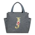 Elegant gray insulated lunch bag with floral glitter letter J print and side pockets - Letter J / 25*14*24CM / Gray