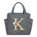 Portable insulated lunch bag in gray with decorative floral golden glitter letter K - Letter K / 25*14*24CM / Gray