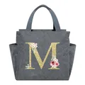 Stylish grey insulated lunch tote bag featuring a floral gold glitter letter M print - Letter M / 25*14*24CM / Gray