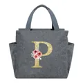 Gray insulated lunch bag with golden floral letter P design and side pockets. - Letter P / 25*14*24CM / Gray