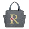Portable grey insulated lunch bag featuring gold glitter floral letter R design - Letter R / 25*14*24CM / Gray