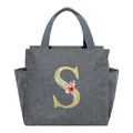 Insulated gray lunch bag featuring a glittery golden initial S with floral detail - Letter S / 25*14*24CM / Gray