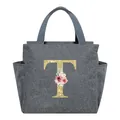 Portable gray insulated lunch bag featuring a golden glittery floral letter T pattern - Letter T / 25*14*24CM / Gray