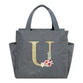 Portable gray insulated lunch bag featuring a floral glittery letter U graphic design - Letter U / 25*14*24CM / Gray