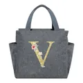 Large portable grey insulated lunch bag featuring a floral golden glitter letter V - Letter V / 25*14*24CM / Gray
