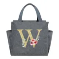 Portable gray insulated lunch bag for school with gold glitter letter W and floral design - Letter W / 25*14*24CM / Gray