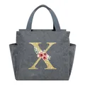 Large insulated lunch bag in gray fabric featuring a floral golden letter X print - Letter X / 25*14*24CM / Gray
