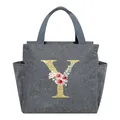 Insulated grey lunch tote featuring a stylish golden glitter floral letter Y print - Letter Y / 25*14*24CM / Gray