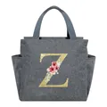 Portable gray insulated lunch bag with a floral golden glitter letter Z design - Letter Z / 25*14*24CM / Gray
