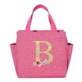 Pink portable insulated lunch bag featuring golden glitter letter B and floral design - Letter B / 25*14*24CM / Rose Red