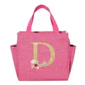 Pink insulated portable lunch bag with golden glitter floral letter D print design - Letter D / 25*14*24CM / Rose Red