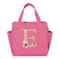 Pink insulated lunch tote bag featuring a decorative floral letter E for students and work - Letter E / Rose Red
